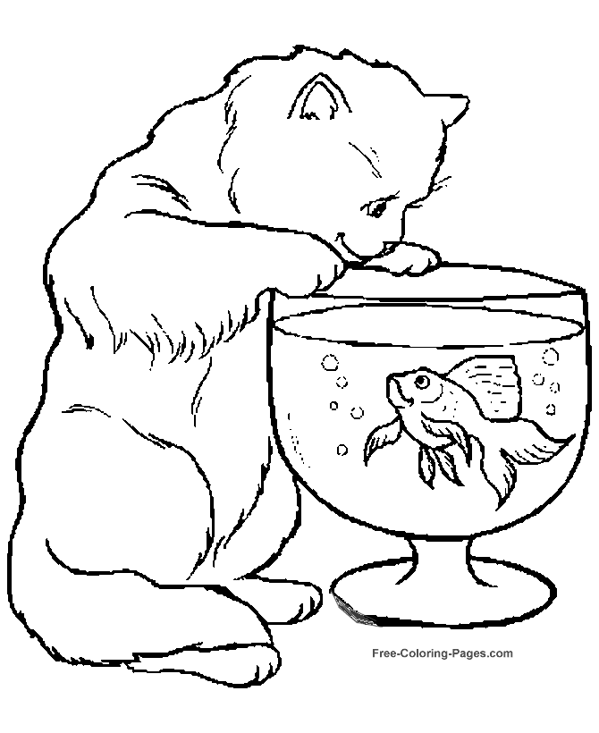 Animal coloring pages - Cat and Fish bowl
