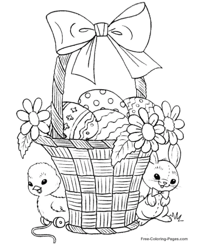 Flowers, bunnies and easter basket coloring pages