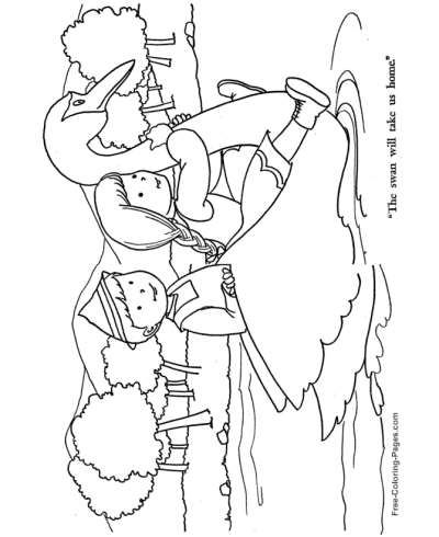 Hansel and Gretel riding swan coloring page