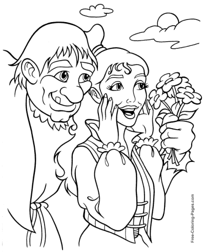 Printable Quasimodo and Esmeralda coloring pages