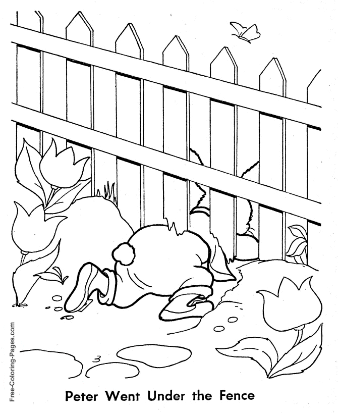 Peter Rabbit crawls under the fence