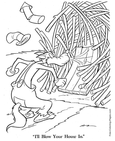 Wolf blows down house coloring page