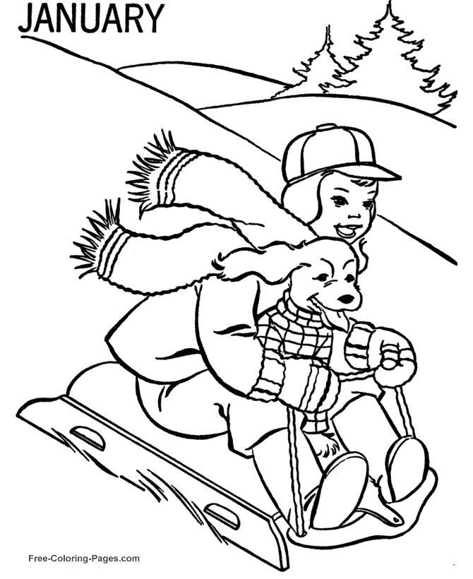 Winter coloring pages - Print January sledding