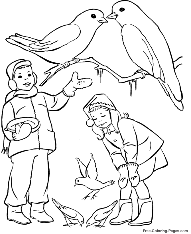 Winter coloring pages - Feeding the birds