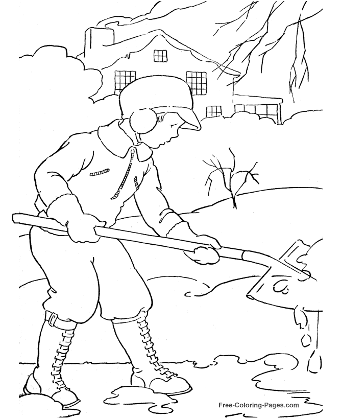 Winter Coloring Sheets - Shoveling Snow
